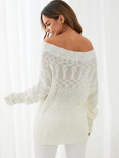 Solid Drop Shoulder Off-shoulder Loose Knit Sweater White Knit Off-shoulder Tops, White Off-shoulder Knit Top, Off-shoulder Sweater For Spring, White Off-shoulder Fall Sweater, Off-shoulder Knit Sweater, Spring Off-shoulder Knitted Sweater, Spring Knitted Off-shoulder Sweater, Knitted Off-shoulder Sweater For Spring, Casual Soft Knit Off-shoulder Tops