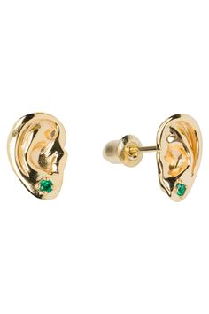 Emerald And Gold Earrings, Fashion Brand Company, Cool Earrings, Emerald Earrings Studs, Ear Earrings, Gold Dangle Earrings, Dope Jewelry, Earring Stud, Funky Jewelry