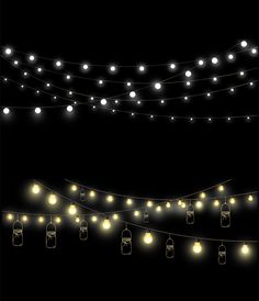 string lights with mason jars hanging from them on a black background, all lit up at night