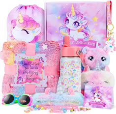 a pink unicorn themed gift set with accessories