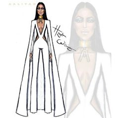 a drawing of a woman wearing a white suit and gold choker necklace with her hands on her hips