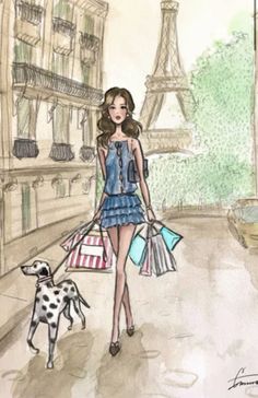 a drawing of a woman walking her dog with shopping bags in front of the eiffel tower