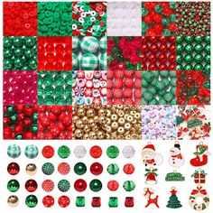 many different types of christmas decorations and buttons on white background with red, green and gold ornaments