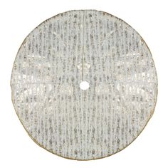 a round white plate with silver stripes on the bottom and center, in front of a white background