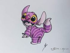 a drawing of a pink and purple elephant with big eyes on it's face