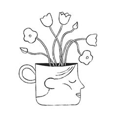 a drawing of flowers in a cup with the face of a woman's head