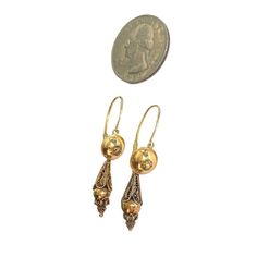 Elegant Early 19th Century  hand made  18k Gold Portuguese Filigree Bomb drop earrings with a hook front hinge . with amazing work,  not Stamped ,they can be detached and used both way  3.8 grams .1.5" H by 0.25" w by 0.25" D Heirloom Pierced Drop Earrings, Heirloom Drop Earrings, Pierced, Heirloom Drop Earrings, Victorian Antique Gold Pierced Earrings, Ornate Antique Gold Earrings For Formal Occasions, Victorian Yellow Gold Dangle Earrings, Antique Filigree Drop Earrings, Victorian Filigree Round Earrings, Victorian Round Filigree Earrings