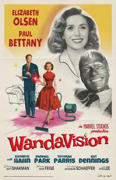 a poster for the movie warddavision starring actors from left to right elizabeth olesten, paul bettany, and marilyn monroe