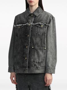 This washed denim Ganni jacket offers a relaxed aesthetic with frayed detailing, a classic collar, and generous pockets. The drop shoulder and long sleeves enhance its casual vibe, perfect for outings and streetwear looks.

- Composition: 100% Cotton  
- Made in Turkey  
- Sizes available: XXS to XL Cotton Denim Jacket With Frayed Hem In Relaxed Fit, Cotton Denim Jacket With Frayed Hem, Relaxed Fit, Cotton Denim Jacket With Frayed Hem And Relaxed Fit, Oversized Cotton Denim Jacket With Frayed Hem, Trendy Relaxed Fit Denim Jacket With Frayed Hem, Trendy Denim Jacket With Frayed Hem And Relaxed Fit, Oversized Washed Black Denim Jacket For Spring, Fall Relaxed Fit Denim Jacket With Frayed Hem, Winter Outerwear With Frayed Hem And Relaxed Fit