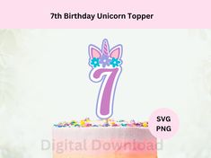 an image of a birthday cake with the number seven on it's topper