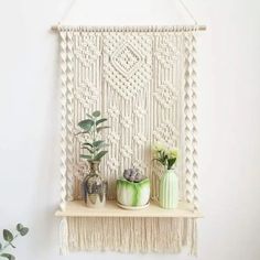 a macrame wall hanging with plants and vases