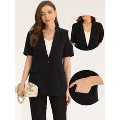 Looking for a stylish and sophisticated addition to your work wardrobe? Look no further than this lapel blazer for women. With its button-down front, lapel collar, and short sleeves, this blazer is the perfect combination of comfort and elegance. Whether you're dressing up for a big meeting or just want to add a touch of professionalism to your everyday look, this blazer is sure to impress. Pair it with some statement jewelry, dress pants, a skirt, or even jeans and you'll be ready to take on th Elegant Solid Color Collared Blazer, Elegant Button-up Office Blazer, Elegant Short Sleeve Office Blazer, Elegant Short Sleeve Blazer For Office, Career Notched Blazer With Single Button, Notched Single Button Blazer For Career, Single Button Notched Blazer For Career, Office Lady Style Formal Button-up Blazer, Notched Ol Style Blazer For Workwear