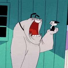 a cartoon character holding a cell phone with his mouth wide open and an angry looking cat in the background