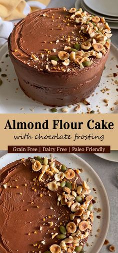 a cake with chocolate frosting and nuts on top is shown in three different views