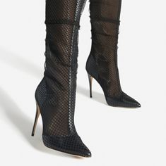 A Mesh Stiletto Boot With A Pointed Toe And Zip Closure. Material: Faux-Leather Features: Sd Dream Sole Double The Padding For Comfort, Support, And Ease Of Movement Outside Heel Height: 4.17" Closure: Functional Inside Zipper Shaft Height: 13.78" Color: Black Mesh *** All Shoes Are Mailed Without Original Box****** If You Need A Box, Please Ask Prior To Making Payment. Shipping Charges Will Be Adjusted. Edgy Knee-high Party Heels, Fitted High Ankle Heels For Office, Fitted High Ankle Synthetic Heels, Chic Party Heels In Faux Leather, Chic Faux Leather Heels For Party, Chic Faux Leather Party Heels, Chic Lace-up Party Boots, Fitted Pointed Toe Heels For Date Night, Glamorous Knee-high Heels For Night Out