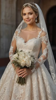 a woman in a wedding dress holding a bouquet