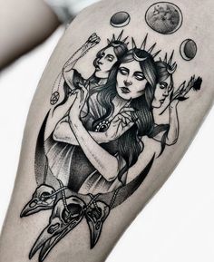 a woman with two birds on her arm and an arrow in the middle of it