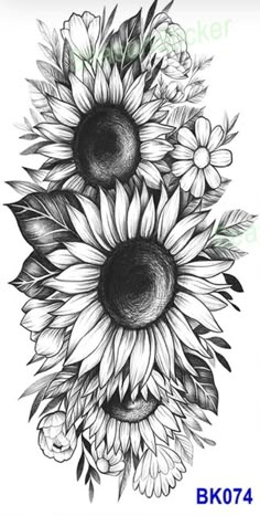 a drawing of sunflowers with leaves and flowers