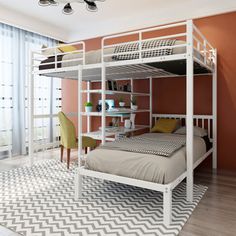 a white bunk bed sitting on top of a wooden floor