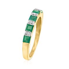 Ross-Simons - .70ct t. w. Emerald Ring, Diamond Accents in 18kt Yellow Gold Over Sterling. Size 9. An RS exclusive. Add color and sparkle to your stack with this must-have ring! In a neat line, verdant .70 ct. t. w. princess-cut emeralds alternate with diamond accents in polished 18kt yellow gold over sterling. 1/8" wide. Emerald and diamond accent ring. Emerald birthstones are the perfect gift for May birthdays. Formal Emerald Cut Half Eternity Stackable Rings, Elegant Green Channel-set Rings, Fine Jewelry Rings With Baguette Cut Half Eternity, May Birthstone Jewelry With Half Eternity For Formal Occasions, Formal Half Eternity Jewelry For May Birthstone, Emerald Jewelry With Channel Set For Anniversary, Channel Set Emerald Jewelry For Anniversary, Emerald Channel Set Jewelry For Anniversary, Elegant Yellow Gold Emerald Ring With Channel Set