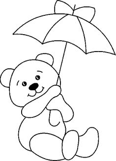 a teddy bear holding an umbrella in the rain coloring pages for kids, printable