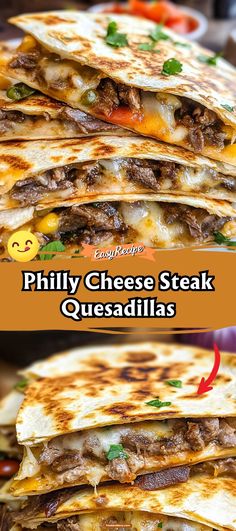 three cheese steak quesadillas stacked on top of each other