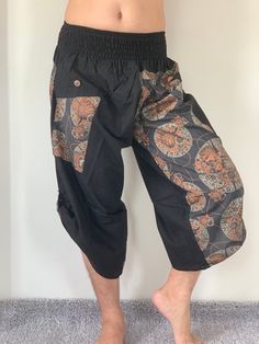 "Samurai pants Yoga, Pants, Harem Pants - elastic waistband and cuffs - Fits all ! Styles Smock Waist Low Crotch Measurements - 1 inch (1\") = 2.54cm. Approx. Measurements and Detail Waist (with elastic) : 24 inch to 46 inch Hips : up to 55 inch Length : 40 inch * Fabric: 100% Cotton * Trouser Style * Trouser are one-size-fits-all ❤️ Special offer Coupon code❤️ BUYFOR2 : Get discount 10% for the order 2 items. BUYFOR3 : Get discount 15% for the order 3 items. BUYFOR4 : Get discount 15% for the o Black Hippie Bottoms With Elastic Waistband, Casual Pants With Pockets For Festivals, Casual Festival Pants With Pockets, Black Parachute Pants With Pockets For Festival, Harem Pants With Pockets For Festivals, Casual Festival Trousers, Casual Pants With Elastic Waistband For Festivals, Traditional Wide Leg Parachute Pants With Pockets, Traditional Black Pants With Pockets