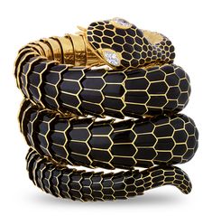 This eye-catching vintage bangle takes the form of a slithering snake. The handcrafted gold and black enamel bracelet perfectly simulates the scaly skin of the captivating reptile, and the serpent's eyes are formed of glittering marquise-cut white diamonds totaling approximately 0.50 carat. Set in 18K yellow gold. 6 3/4" diameter Luxury Silver Snake-shaped Jewelry, Luxury Snake-shaped Formal Bracelets, Luxury Snake Chain Bracelet For Formal Occasions, Luxury Snake Bracelet For Formal Occasions, Luxury Modern Snake Chain Bracelets, Luxury Modern Bracelets With Snake Chain, Luxury Snake-shaped Jewelry For Party, Luxury Elegant Snake-shaped Bracelet, Luxury Snake-shaped Party Jewelry