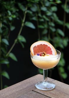 a grapefruit cocktail garnished with orange slices on a wooden table in front of greenery