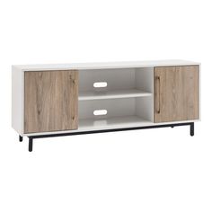 a white and wood entertainment center with black legs