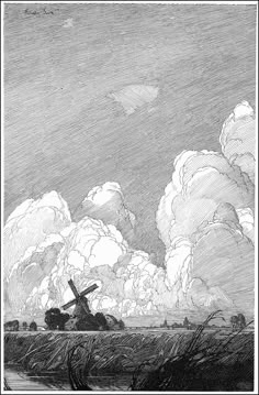 a drawing of a windmill in the middle of a field with storm clouds behind it