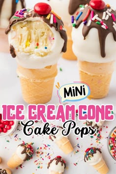 mini ice cream cone cake pops with sprinkles and chocolate frosting on top