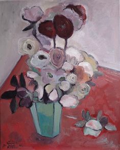 an oil painting of flowers in a vase on a red tablecloth with white and pink flowers