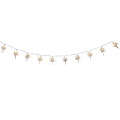 a garland with gold stars hanging from it's side on a white background,