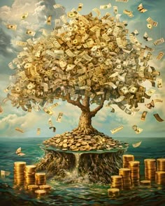 a tree that has money growing out of the top of it, with stacks of gold coins