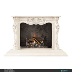 a white fireplace with an ornate design on the mantle