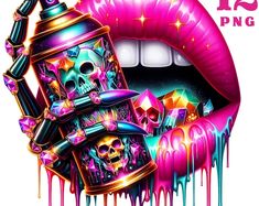 an image of a lipstick with skulls on it and dripping paint all over the lips