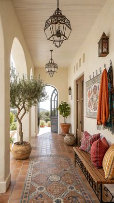 Boho Entryway Ideas Entryway Ideas Mediterranean, Hallway Decorating Entrance, Boho Entryway Ideas, Entryway Designs, Fringe Decor, Boho Entryway, Modern Cottagecore, Colored Walls, Spain House