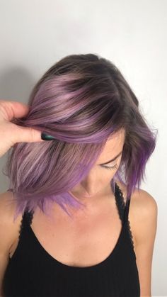 Short Brown Hair With Lavender Highlights, Brown To Purple Balayage Short Hair, Dark Root Purple Hair, Pastel Purple Hair Highlights, Blonde And Purple Hair Short, Pastel Peekaboo Hair, Lavender And Brown Hair, Short Hair With Purple Highlights, Short Hair Purple Highlights