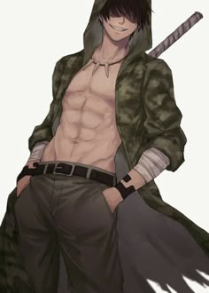 an anime character with no shirt on holding a baseball bat in his right hand and wearing a green camo hoodie