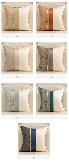 six different types of pillows with gold trims