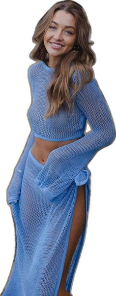 Knit Long Sleeve Crop Top For Summer, Summer Long Sleeve Knit Crop Top, Beach Open Knit Long Sleeve Crop Top, Long Sleeve Open Knit Crop Top For Beach, Beach Long Sleeve Open Knit Crop Top, Light Blue Knit Top For Summer, Light Blue Long Sleeve Tops For Beach Season, Stretch Light Blue Crop Top For Beach, Blue Open Knit Long Sleeve Tops