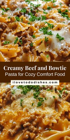 creamy beef and bowtie pasta for cozy comfort food with parmesan cheese on top