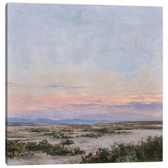 an oil painting of a desert landscape with mountains in the distance and pink clouds above