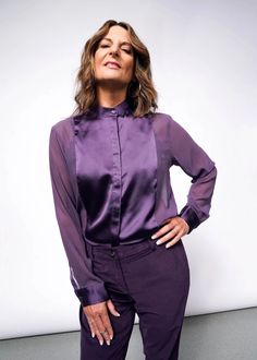 A modern take on the classic bib-front tuxedo shirt, this sheer button-up has the perfect amount of shine for any occasion. Features a stand collar, sleek covered button placket, and an elevated stitched edge detail. Gender Neutral Clothes, Tuxedo Shirt, Sheer Long Sleeve, Tuxedo Shirts, Body Curves, Mom Style, Mandarin Collar, Covered Buttons, Button Placket