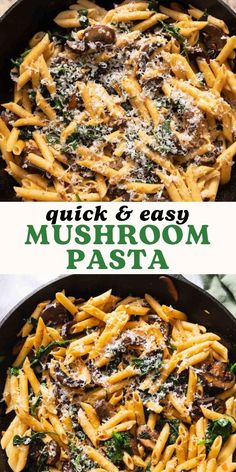 mushroom pasta in a skillet with cheese and spinach on the side, topped with parmesan