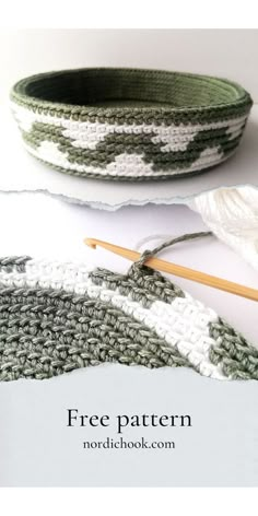 a crocheted basket with yarn and knitting needles on it, sitting next to the bowl