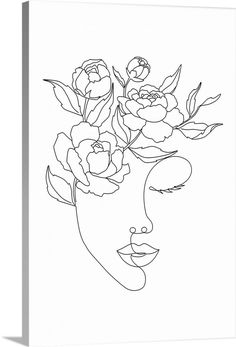 a line drawing of a woman's face with flowers in her hair and eyes closed