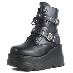 Winter High-top Platform Boots With Rivets, Winter Combat Boots With Platform For Concerts, Winter Alternative Style Martin Boots With Platform, Alternative Style Winter Platform Martin Boots, Alternative Winter Martin Boots With Platform, Alternative Winter Platform Martin Boots, Winter Platform Moto Boots In Alternative Style, Gothic Black Platform Martin Boots, Punk Style High-top Platform Martin Boots