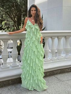 TAVIMART - Fashion Green Women Sling Maxi Dress Elegant V-neck Sleeveless Slim Dresses 2024 Summer Female Chic Beach Vacation Robes Pleated Long Dress, Ruffle Long Dress, Maxi Dress Elegant, Loose Summer Dress, Strap Dresses, Sophisticated Dress, Party Gown, Sling Dress, Dresses 2024